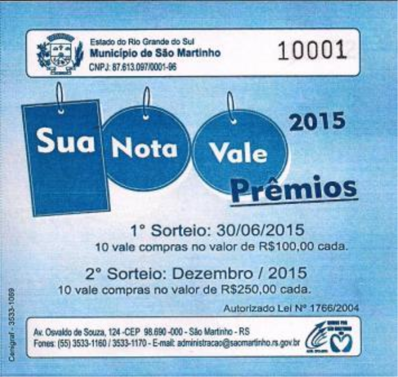 1º SORTEIO – SUA NOTA VALE PRÊMIOS 2015.